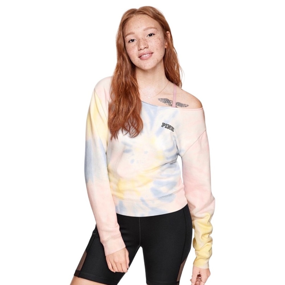 Victoria's Secret PINK Tie Dye Off Shoulder Cropped Sweatshirt XS Pastel Y2K